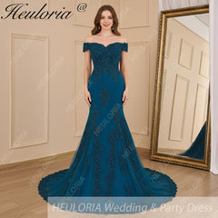 HEULORIA mermaid evening dress off shoulder lace beading wedding party dress long train formal prom dress ME-607