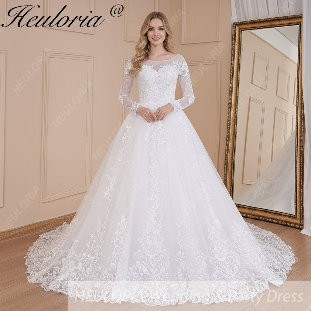 HEULORIA Ball-Gown/Princess Scoop Illusion long sleeve Cathedral Train Tulle Lace Wedding Dress With Sequins BA-574