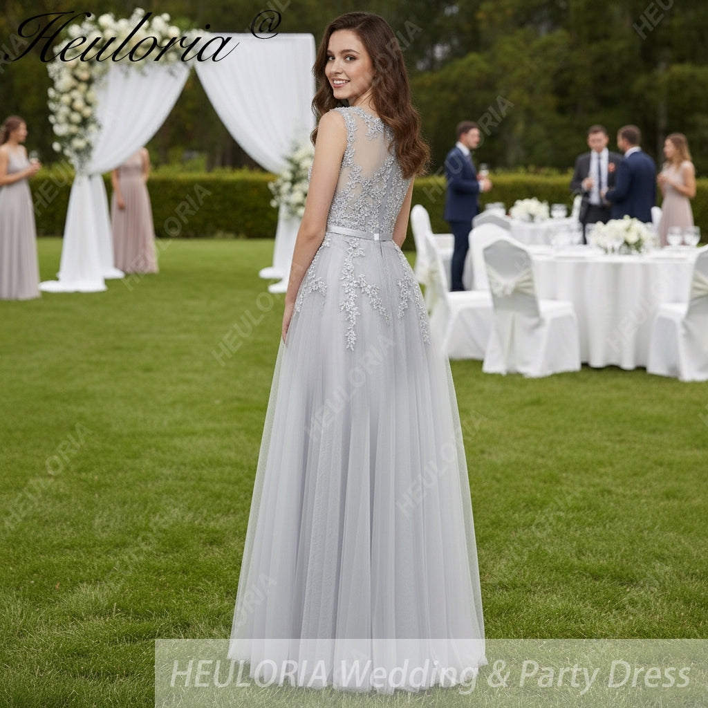 HEULORIA Long Bridemaid dress round neck lace beads tulle party dress formal dress ED-75P