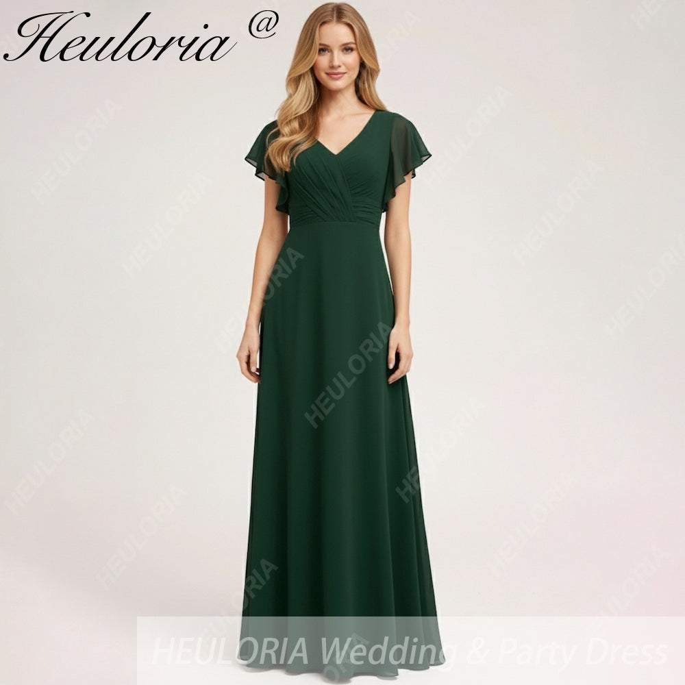 HEULORIA Long Bridemaid dress short sleeve V neck chiffon party dress formal dress ED-133