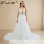 HEULORIA Shimmering Sequin Tulle A-Line Wedding Dress with Plunging V-Neck and Spaghetti Straps AL-1097