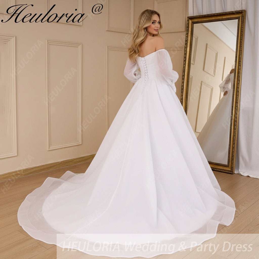 HEULORIA elegant A line wedding dress long sleeve off shoulder organza bride dress Robe De Mariee Wedding Bride Dress long train AL-821