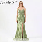 HEULORIA Elegant Cowl Neck Lace Corset Satin Mermaid Evening Dress with High Slit ED-212