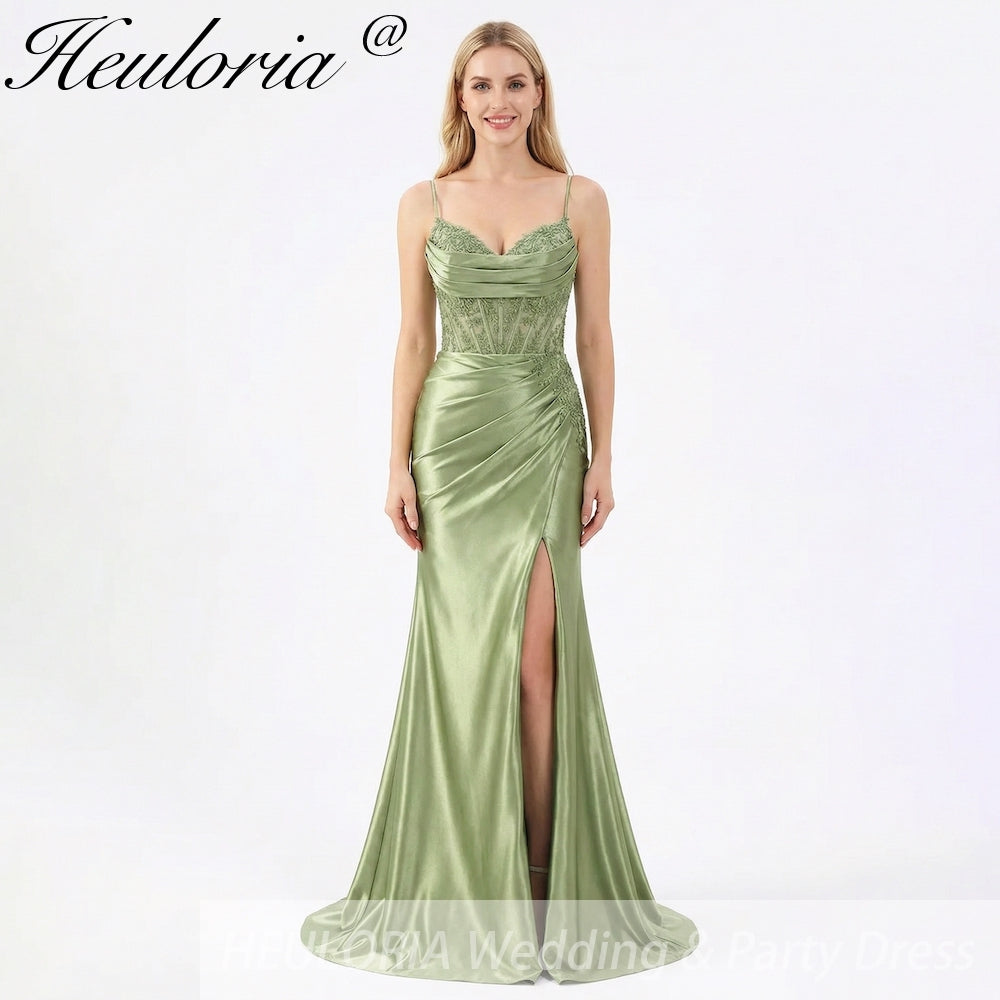 HEULORIA Elegant Cowl Neck Lace Corset Satin Mermaid Evening Dress with High Slit ED-212