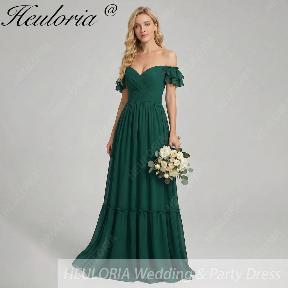 HEULORIA Dark Green A Line Off The Shoulder Chiffon Ruched Long Bridesmaid Dress ED-245