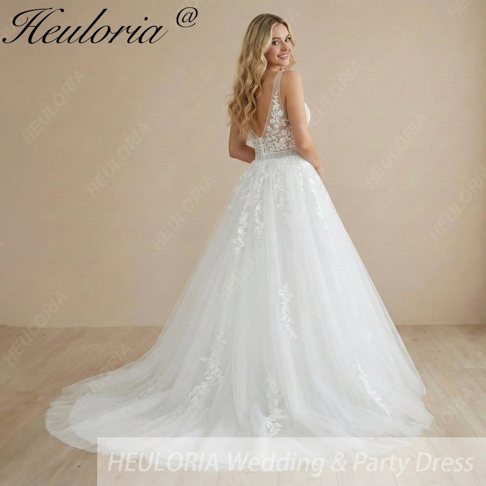 HEULORIA V Neck Sleeveless A line Wedding Dress Boho Lace Appliques Tulle Long Bridal Gowns Backless Vestidos de Novia Customized AL-1007 Imagen secundaria del producto