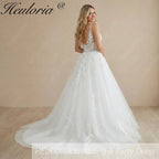 HEULORIA V Neck Sleeveless A line Wedding Dress Boho Lace Appliques Tulle Long Bridal Gowns Backless Vestidos de Novia Customized AL-1007
