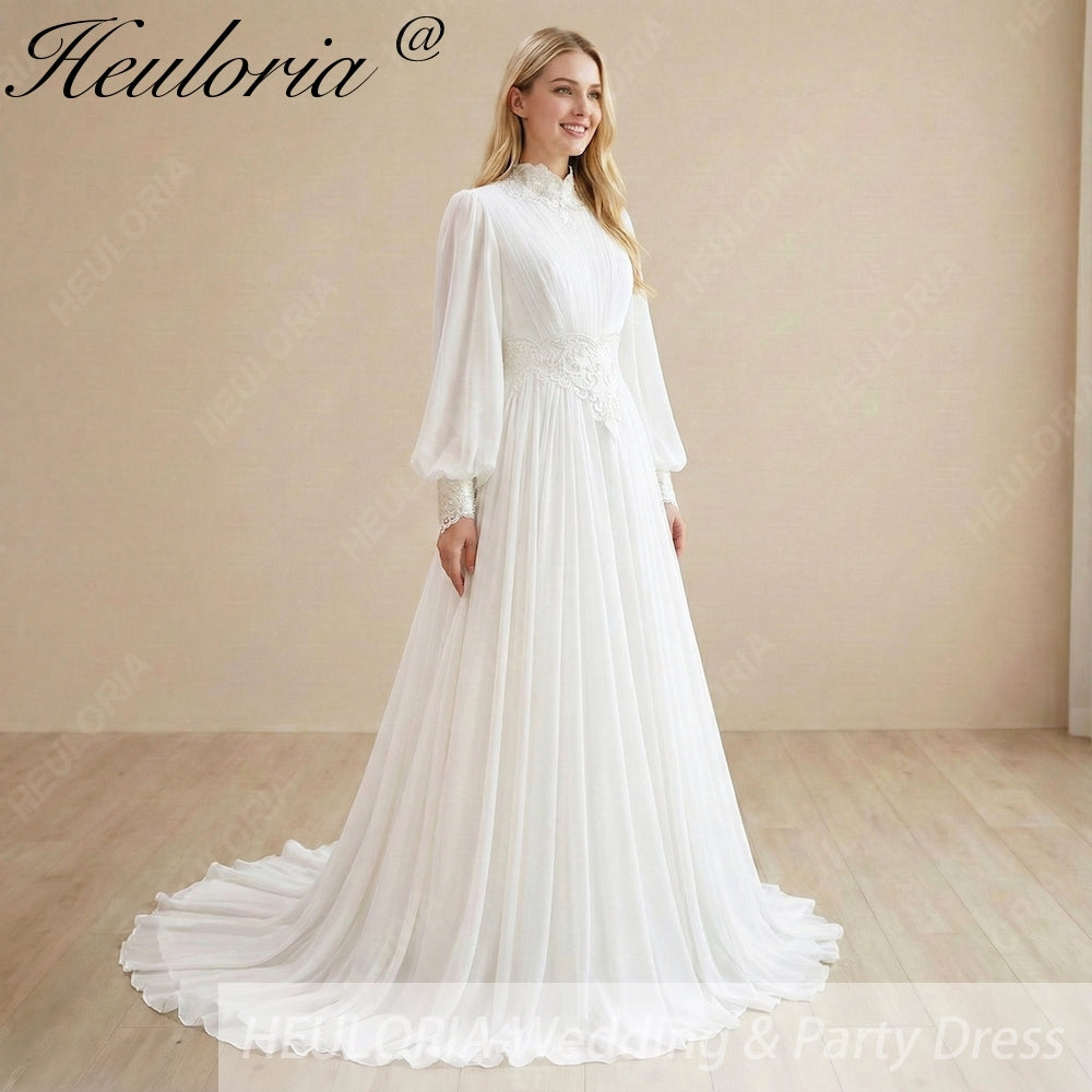 HEULORIA Victorian-Inspired High Neck Lace Wedding Dress - Ethereal Bishop Sleeves & Pleated Chiffon Bridal Gown AL-358
