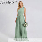 HEULORIA Sage Green One-Shoulder Pleated Chiffon Floor-Length Bridesmaid & Evening Dress ED-243
