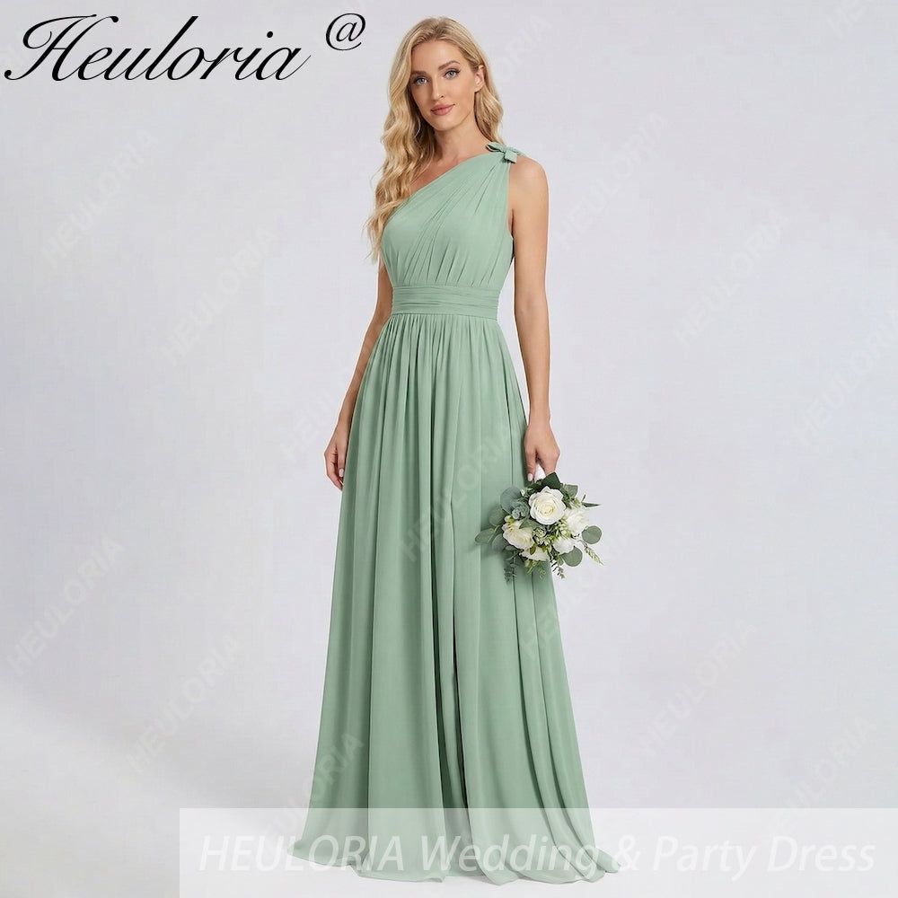 HEULORIA Sage Green One-Shoulder Pleated Chiffon Floor-Length Bridesmaid & Evening Dress ED-243
