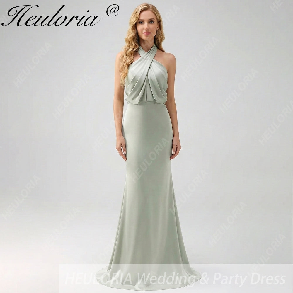 HEULORIA Elegant Dusty Sage Criss-Cross Halter Satin Mermaid Formal Gown ED-229