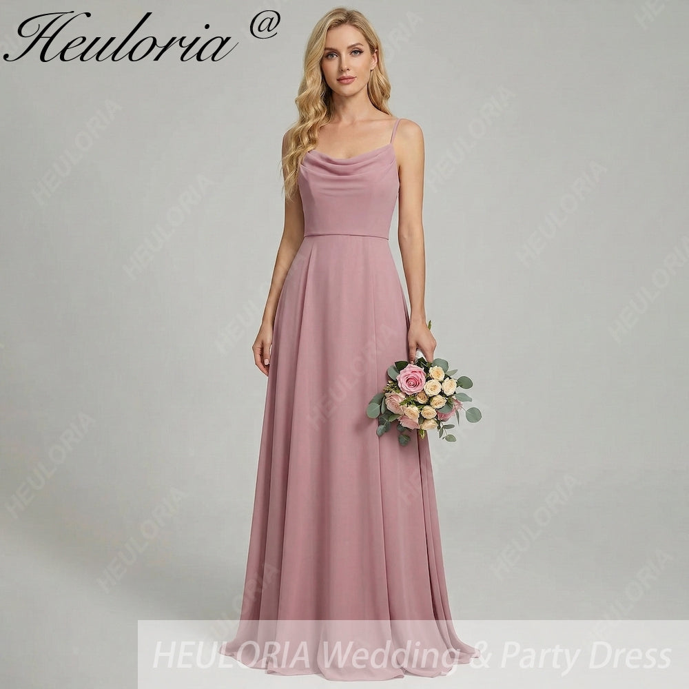 HEULORIA Dusty Rose Cowl Neck Spaghetti Strap Chiffon Bridesmaid Dress - Elegant Floor-Length Evening Gown ED-248