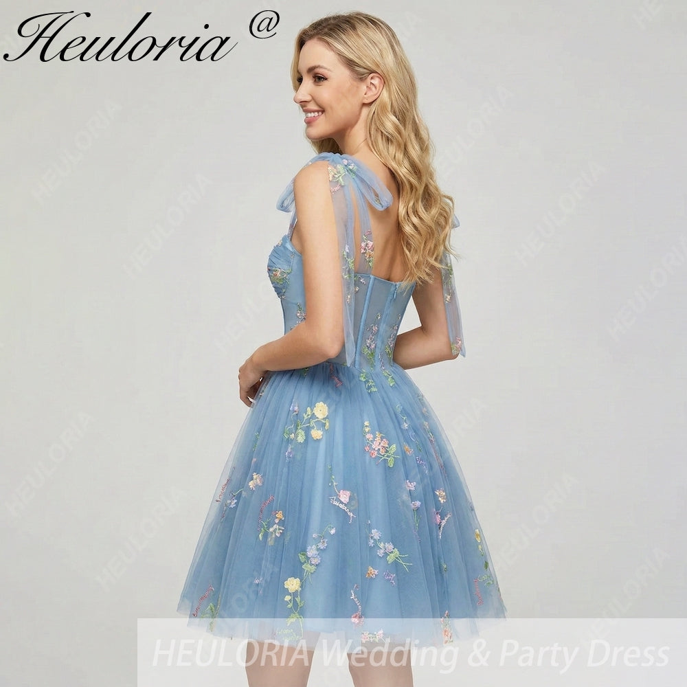 HEULORIA Floral Embroidered Tulle Mini Dress - Sweetheart Corset Bodice with Sheer Tie-Shoulder Straps ED-273