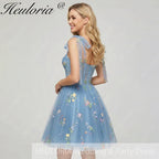 HEULORIA Floral Embroidered Tulle Mini Dress - Sweetheart Corset Bodice with Sheer Tie-Shoulder Straps ED-273