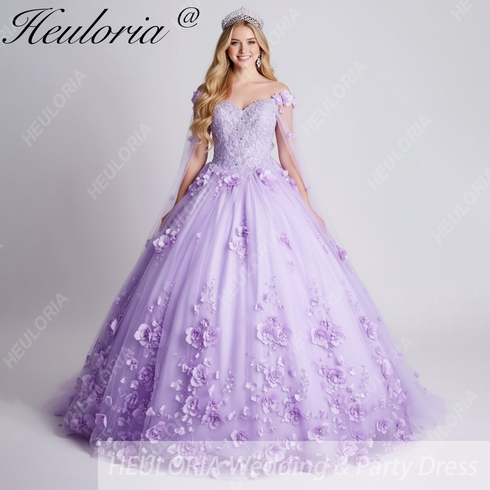 HEULORIA Floral Lace V Neck Strap Sleeve Quinceanera Gown BA-1256