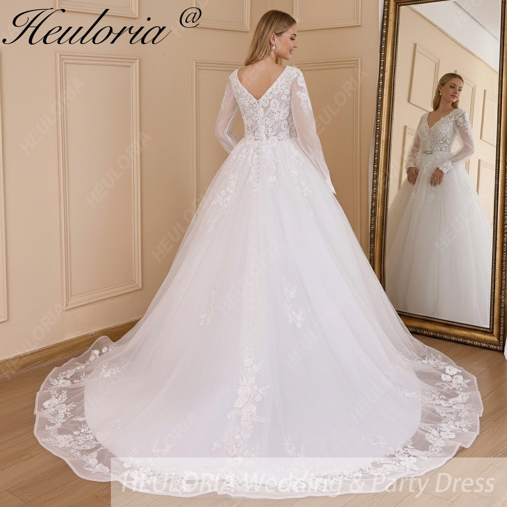 HEULORIA elegant A line wedding dress V neck long sleeve organza bride dress Robe De Mariee Wedding Bride Dress long train AL-656