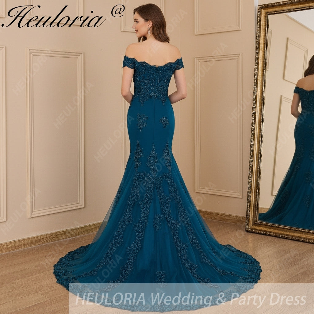 Peacock Blue Beaded Mermaid Evening Dress ME-607