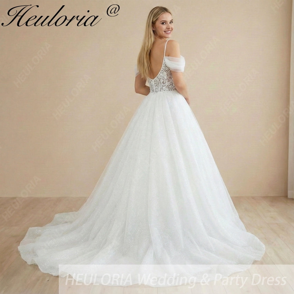Heuloria Sparkly A-Line Lace Wedding Dress with Plunging V-Neck and Detachable Off-the-Shoulder Sleeves AL-1018 Secondary image