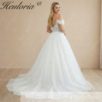 Heuloria Sparkly A-Line Lace Wedding Dress with Plunging V-Neck and Detachable Off-the-Shoulder Sleeves AL-1018