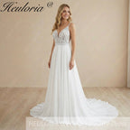 HEULORIA Romantic Boho A-Line Wedding Dress - Deep V-Neck Lace Bodice & Flowy Chiffon Skirt with Train AL-1066