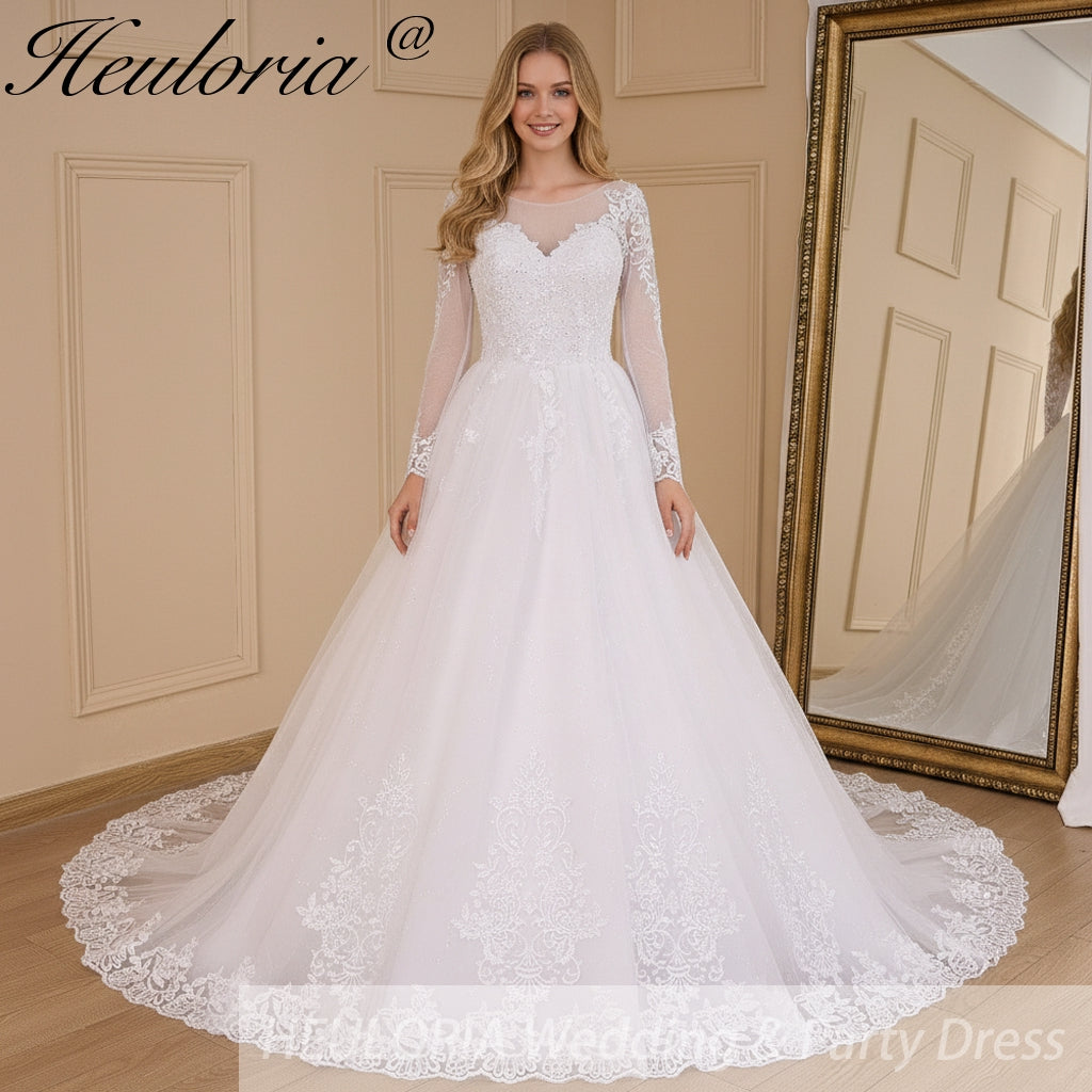 HEULORIA Princess Ball Gown Wedding Dress long sleeve sweetheart plus size robe de mariee Lace beading bride dress court train BA-640