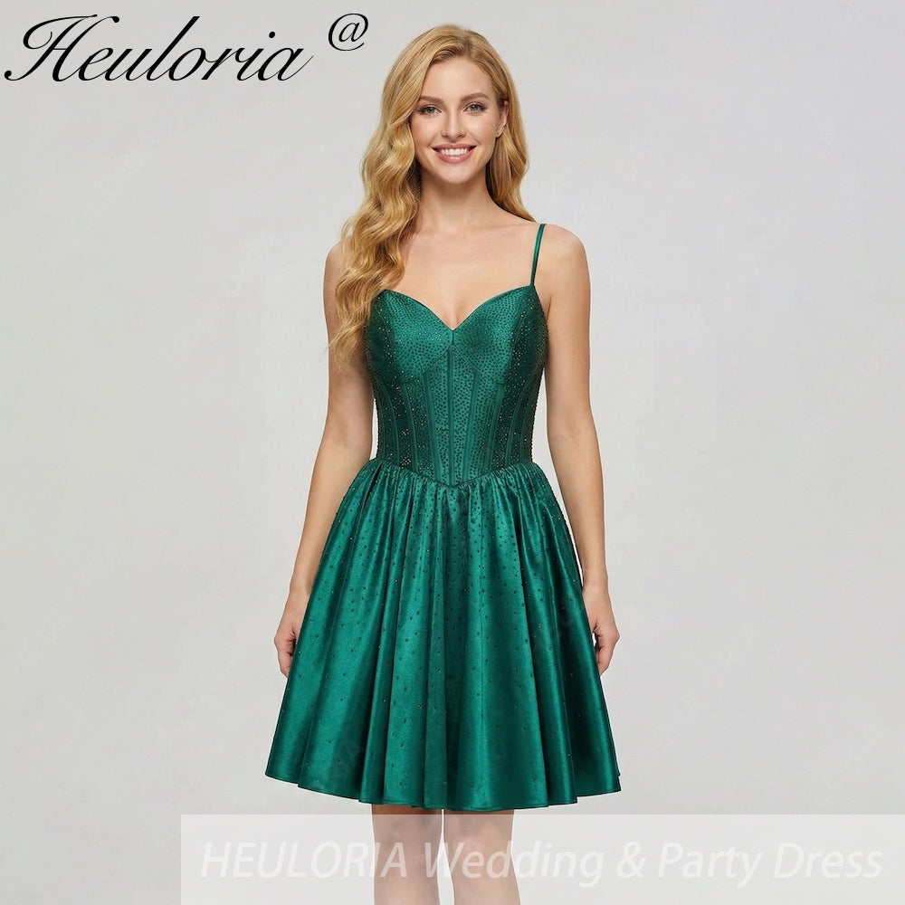HEULORIA Sparkly Rhinestone Corset Satin Homecoming Dress - Sweetheart Neckline Spaghetti Strap Short Prom Gown ED-310