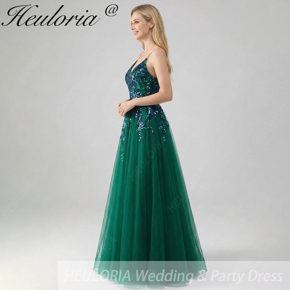 HEULORIA Dark Green Sequin V-Neck Prom Dress: Spaghetti Strap Lace-Up A-Line Formal Gown ED-340