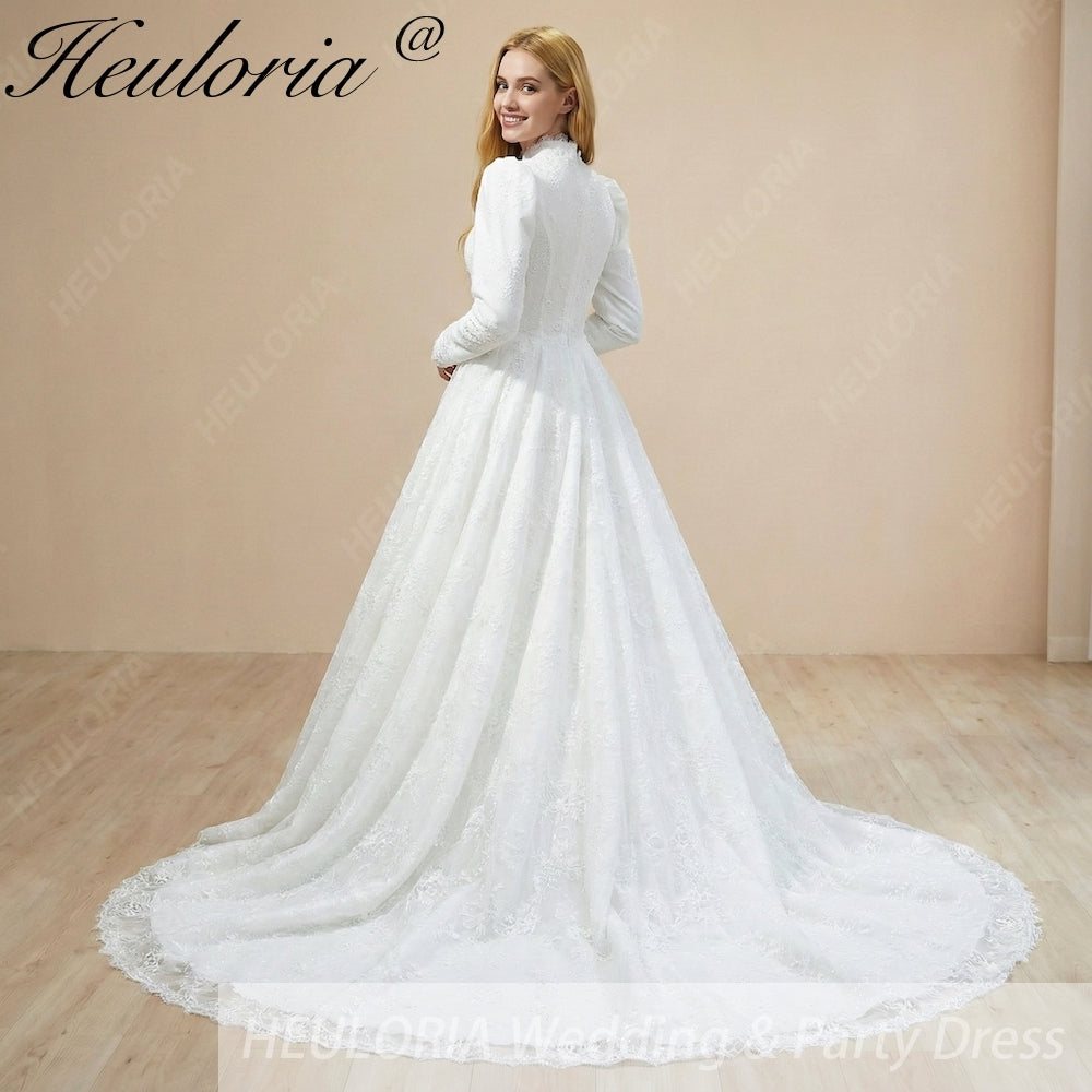 HEULORIA Victorian-Inspired High Neck Lace Wedding Dress with Elegant Puff Sleeves & Chapel Train muslim wedding dress  BA-1204 Image secondaire du produit