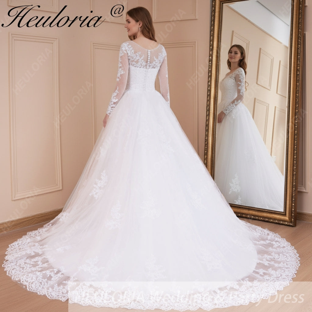 HEULORIA princess wedding dress long sleeve shinny skirt lace applique plus size pearl beads bride dress customize BA-535