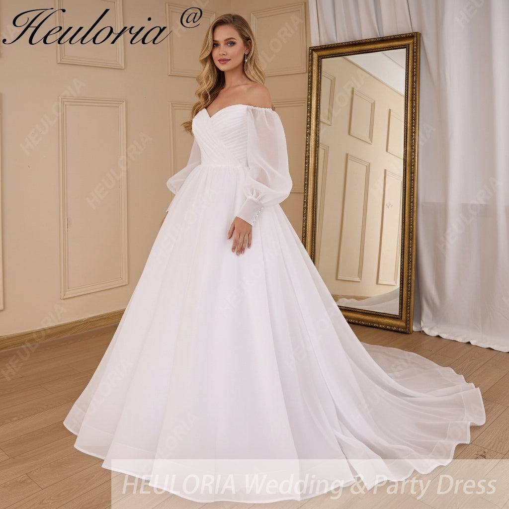 HEULORIA elegant A line wedding dress long sleeve off shoulder organza bride dress Robe De Mariee Wedding Bride Dress long train AL-821