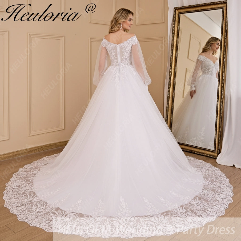 HEULORIA Ball-Gown/Princess V-Neck long sleeve Cathedral Train Tulle Lace Wedding Dress With Sequins BA-711A