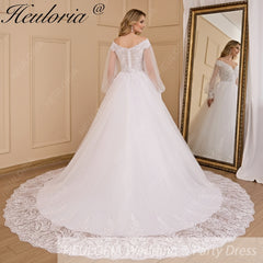 HEULORIA Ball-Gown/Princess V-Neck long sleeve Cathedral Train Tulle Lace Wedding Dress With Sequins BA-711A