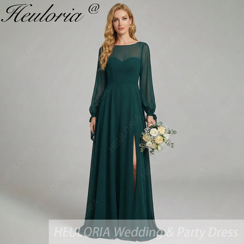 HEULORIA Dark Green Illusion Bateau Neck Evening Dress with Sheer Tie-Cuff Bishop Sleeves ED-255
