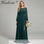 HEULORIA Dark Green Illusion Bateau Neck Evening Dress with Sheer Tie-Cuff Bishop Sleeves ED-255