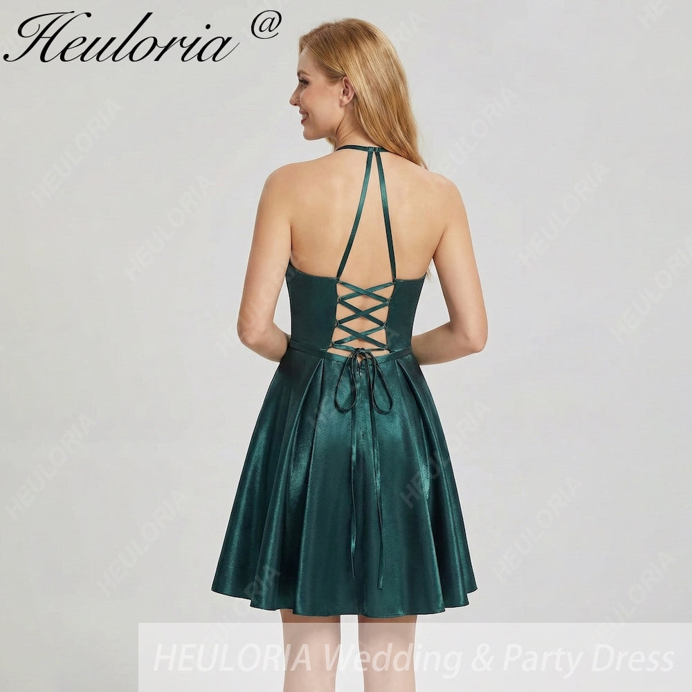 HEULORIA Peacock Green Shimmering Deep V-Neck Mini Dress: Illusion Mesh & Lace-Up Back A-Line Prom Gown ED-327 Image secondaire du produit