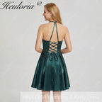HEULORIA Peacock Green Shimmering Deep V-Neck Mini Dress: Illusion Mesh & Lace-Up Back A-Line Prom Gown ED-327