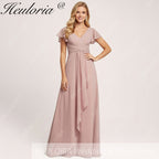 HEULORIA Long Bridemaid dress short sleeve V neck chiffon party dress formal dress ED-135