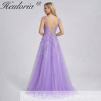 HEULORIA Sparkly Lilac V-Neck Lace Prom Dress - Leafy Embroidery Straps & Corset Back ED-372