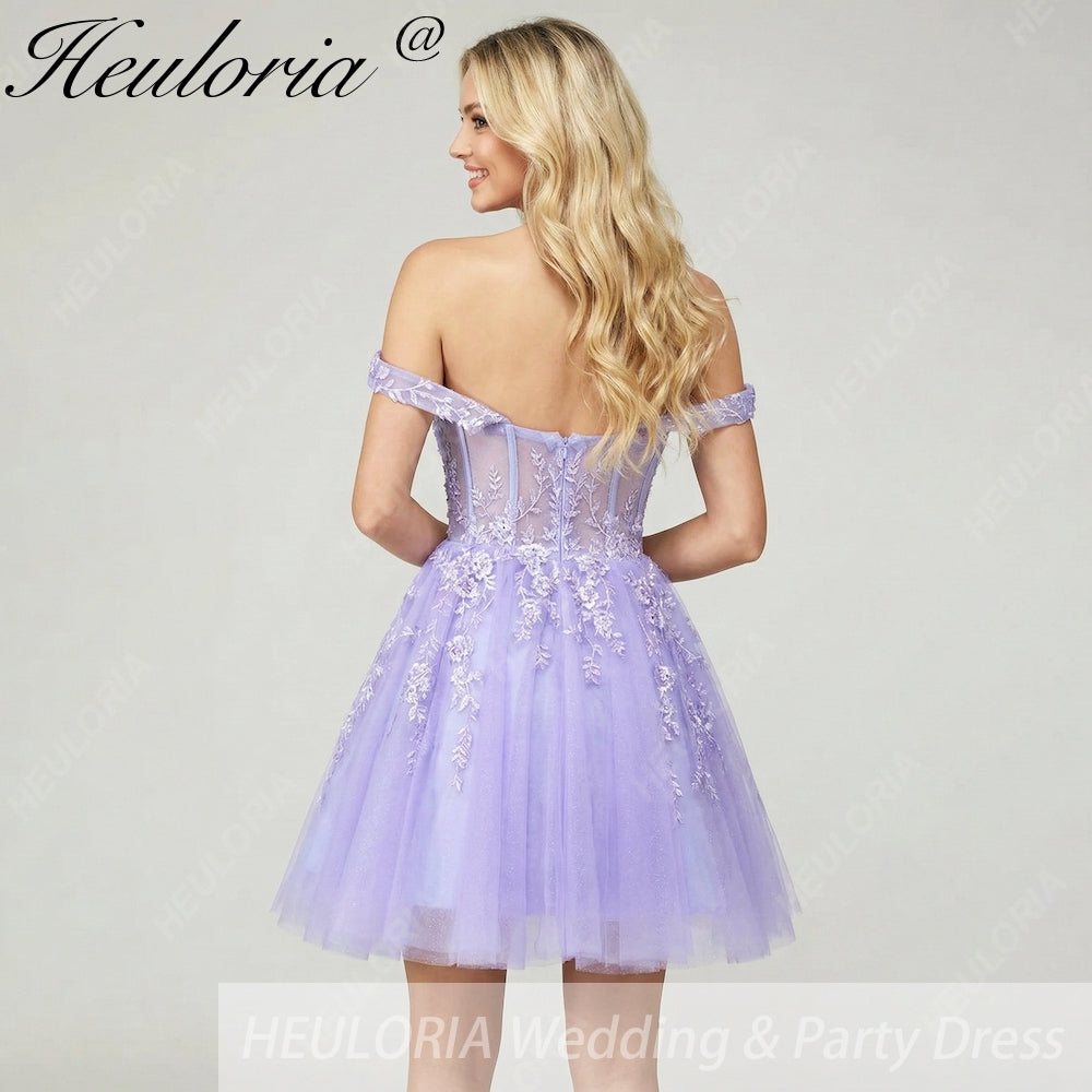 HEULORIA Lilac Off-the-Shoulder Floral Lace Short Homecoming Dress - Illusion Corset Prom Mini Dress ED-293 Image secondaire du produit