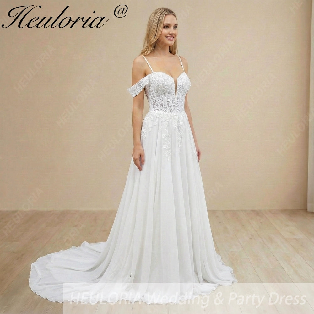 HEULORIA Ethereal Plunging V-Neck Off-the-Shoulder Lace A-Line Wedding Dress with Chapel Train AL-1054