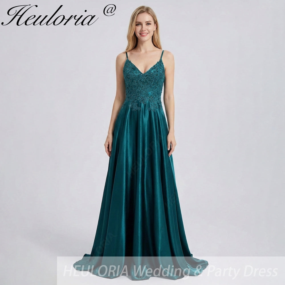 HEULORIA Peacock Green V-Neck Lace Applique Satin Prom Dress - Beaded Spaghetti Strap Lace-Up Evening Gown ED-345 Image principale du produit