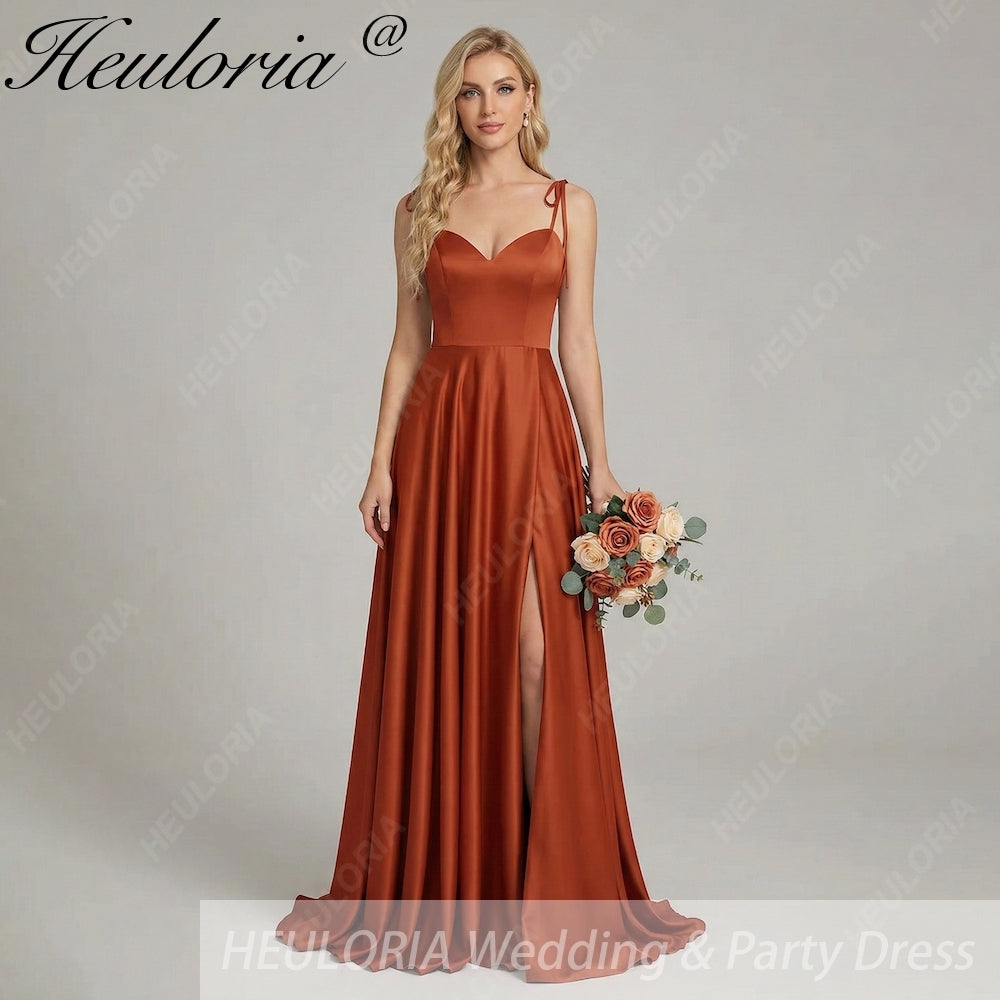 HEULORIA Rust Satin Cowl Sweetheart Maxi Dress with Tie-Shoulder Straps and Side Slit ED-249