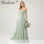 HEULORIA Dusty Sage Chiffon A-Line Bridesmaid Dress with Ruched Sweetheart Neckline and Spaghetti Straps ED-268