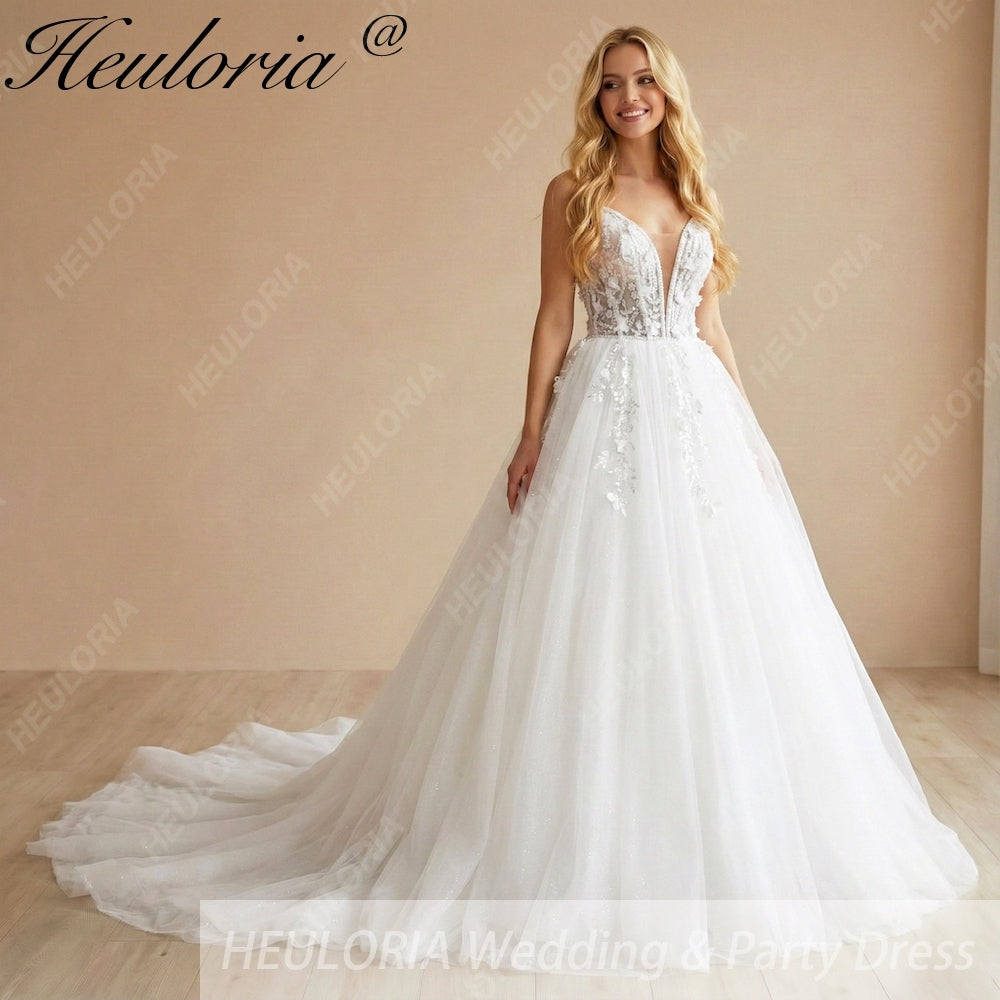 HEULORIA 3D Floral Applique A-Line Wedding Dress with Deep V-Neck and Glitter Tulle AL-1096
