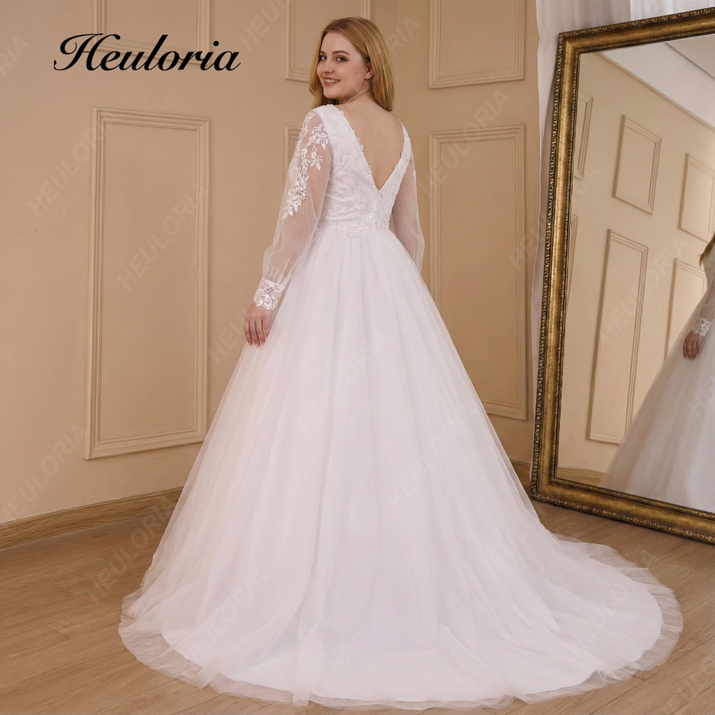 HEULORIA Ethereal Floral Lace A-Line Wedding Dress with Plunging V-Neck and Long Bishop Sleeves AL-783