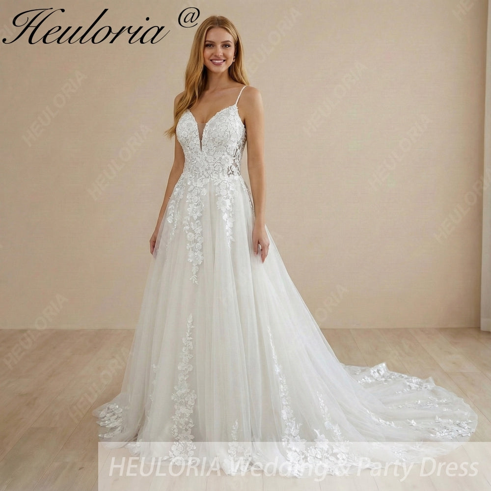 HEULORIA Ethereal Floral Lace A-Line Wedding Dress - Plunge V-Neck & Delicate Spaghetti Straps AL-1051