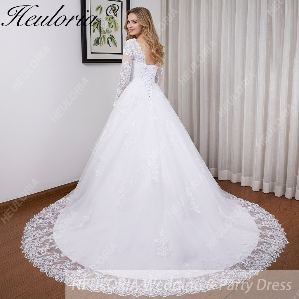 HEULORIA princess Wedding Dress long sleeve round neck bride dress lace beading lace up Plus size wedding gown  BA-BL