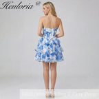 HEULORIA Enchanting Floral Print Strapless Tiered Ruffle Mini Dress - Corset Bodice with Crystal Brooch ED-291