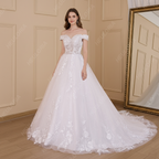 HEULORIA Ball-Gown/Princess Off the Shoulder Court Train Tulle Lace Wedding Dress With Sequins Beading BA-616