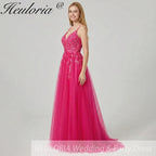 HEULORIA Enchanting 3D Floral Applique V-Neck Tulle A-Line Prom Dress - Corset Back Formal Gown ED-341